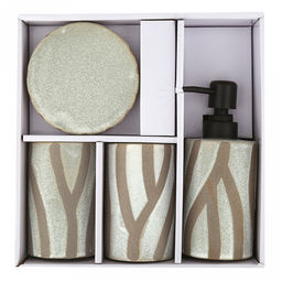 Набор для ванной "Шале" 4 предмета: дозатор для мыла 380мл, д7см, h17см; мыльница д10,4см, h3см; стакан 310мл, д6,8см, h11см - 2шт, фурнитура пластик, керамика шамот, бежево-оливковый, в коробке (Китай)