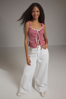 K?rm?z? Poti Kare Desenli Baglama Detayl? Esnek Orme Bluz TWOSS25BZ00234