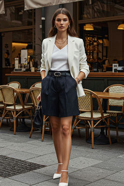 Lacivert Kemerli Cizgili Diz Boy City Dokuma Sort & Bermuda TWOSS25SR00024