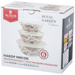 НАБОР МИСОК AGNESS ЭМАЛИРОВАН. С ПЛАСТИК.КРЫШКАМИ, СЕРИЯ IRISES 6ПР. 14/16/18СМ, 0,6/0,9/1,3Л  фото 2