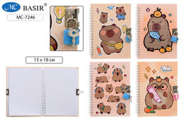 Блокнот детский, с замком, 18*13 см, на гребне (MC-7246) "Капибара", тв. обложка, блок в клетку, 48л.