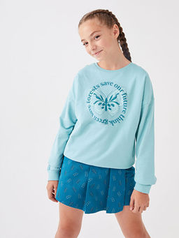 Bisiklet Yaka Bask?l? Uzun Kollu K?z ?ocuk Sweatshirt