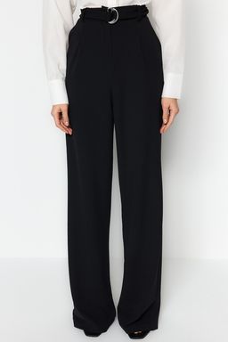Siyah Kemerli Wideleg/Genis Paca Yuksek Bel Smart Krep Kumas Orme Pantolon TWOSS23PL00330