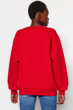 K?rm?z? Oversize/Rahat Kesim Basic Bisiklet Yaka Kal?n/Ici polarl? Orme Sweatshirt TWOAW24SW00102