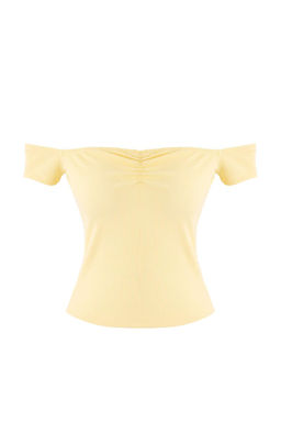 Sar? Fitted/Vucuda Oturan Carmen Yaka K?sa Kollu Buzgulu Fitilli Esnek Orme Bluz TWOSS26BZ00074