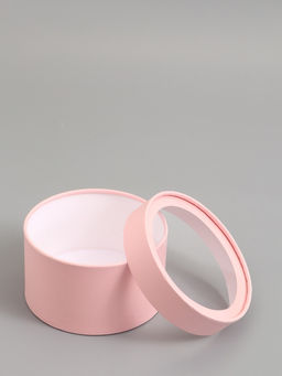 Подарочная коробка круглая, розовая, завальцованная с окном, 16×11 см