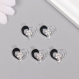 Цена за 5 шт. Декор для творчества металл, стразы «Сердце с цветочком», серебро, чёрный, 2×1.7×0.3 см