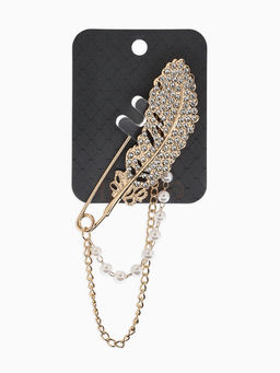 Булавка «Перо с цепочкой и жемчугом», в стразах, L=7.5 см, белая в золоте