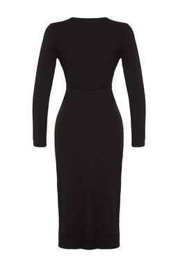 TRENDYOLMILLA Mor Kruvaze Yaka Uzun Kollu Buzgu Detayl? Vucuda Oturan Midi Orme Elbise TWOAW24EL00826 фото 12