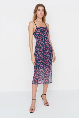 Mor Ask?l? Fitted/Vucuda Oturan Kare Yaka Tul Midi Esnek Orme Kalem Elbise TWOSS22EL00726