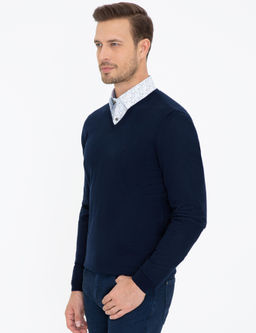 Базовый трикотажный свитер узкого кроя темно-синего цвета с v-образным вырезом - Cacharel фото 8