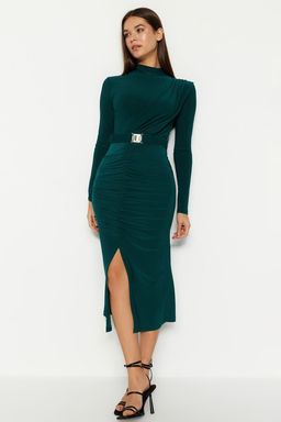 TRENDYOLMILLA Antrasit Duz Kemerli Midi Fitted/Vucuda Oturan Dik Yaka Drapeli Kemerli Orme Elbise TWOAW22EL0434  фото 2