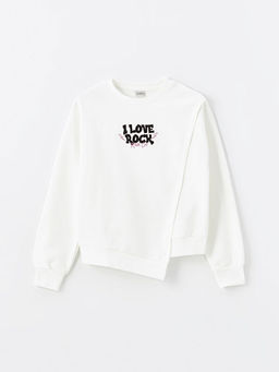 Bisiklet Yaka Bask?l? Uzun Kollu K?z ?ocuk Sweatshirt