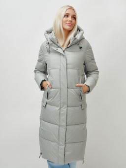 Пальто утепленное стеганное зимнее с капюшоном женское зеленого цвета 9608Z