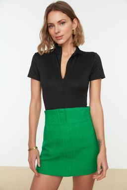 Siyah Fermuarl? Dik Yaka K?sa Kollu Esnek Alttan C?tc?tl? Orme Body TWOAW21BD0009