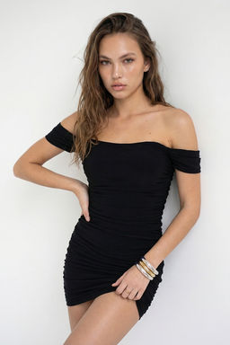 Siyah Duz Dokuma Sandy K?sa / Mini Astars?z Party Elbise TPRSS26EL00222