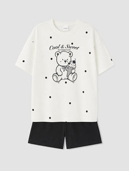 Bask?l? K?z ?ocuk ?ortlu Pijama Tak?m