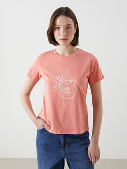 Bisiklet Yaka Bask?l? Penye Kad?n Ti??rt