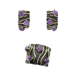 Комплект Чара-51, чароит, покрытие под золото, размеры кольца: 17, 18, 19, 20