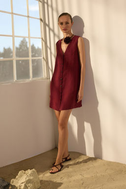 Trendyolmilla Bordo %100 Keten Dugme Detayl? Mini Elbise TWOSS25EL00613  фото 2