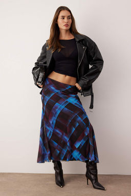 Cok Renkli Ekoseli/Kareli Sifon Astarl? Dusuk Bel Dokuma Maxi Etek TWOAW26ET00139