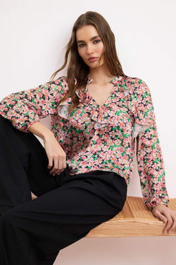 Pembe Cicekli F?rf?r Detayl? Saten Dokuma Bluz TWOSS26BZ00394