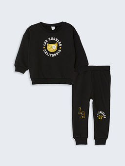 Bisiklet Yaka Bask?l? Erkek Bebek Sweatshirt ve E?ofman Alt 2li Tak?m