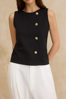 Siyah Fitted/Vucuda Oturan Dugmeli Kolsuz Aksesuar Detayl? Scuba Krep Orme Bluz TWOSS26BZ00015