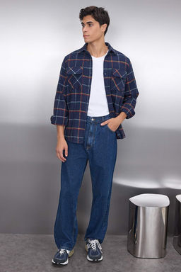 TRENDYOL MAN Lacivert Regular Fit Uzun Kollu Cift Cepli Oduncu Kareli K?sl?k Ceket Gomlek TMNAW20GO0485