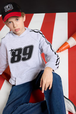 Kap__onlu Bask_l_ Sweatshirt Erkek _ocuk
