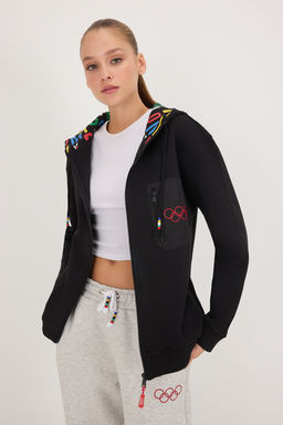 Siyah Olimpiyat Logo Bask?l? Cepli Unisex Basic Orme Sweatshirt