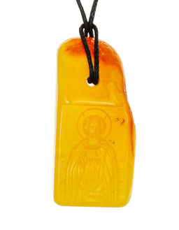Подвеска из натурального цельного янтаря с резьбой Николай Чудотворец