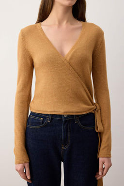 Camel Yumusak Dokulu K?sa/Crop Kruvaze Baglama Triko Kazak TWOAW26KZ00070