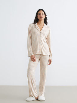 G?mlek Yaka Ekose Kad?n Pijama Tak?m?