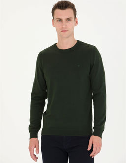 Koyu Ye_il Slim Fit Bisiklet Yaka Basic Triko Kazak