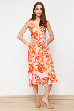 Pembe Cicekli A Kesim Viskon Midi Dokuma Elbise TWOSS24EL00714