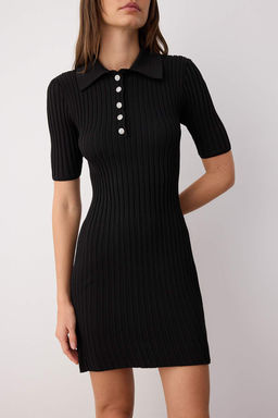 Siyah Dugme Detayl? Duz A-line Polo Yaka Mini Triko Elbise TWOAW26EL00000 - Trendyolmilla фото 3