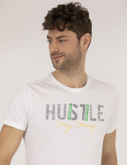 Beyaz Slim Fit Bask_l_ Bisiklet Yaka Ti__rt