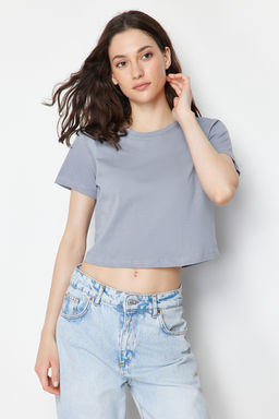 Beyaz-Gri 2li Paket %100 Pamuk Crop Bisiklet Yaka Orme T-Shirt TWOSS20TS1480