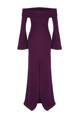 Bordo Vucuda Oturan Carmen Yaka Orme Maxi S?k Abiye Gece Mezuniyet Elbisesi TPRSS24AE00204