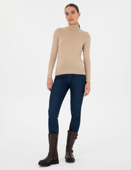Bej Slim Fit Bal_k__ Yaka Basic Kazak