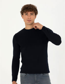 Lacivert Slim Fit Bisiklet Yaka Triko Kazak