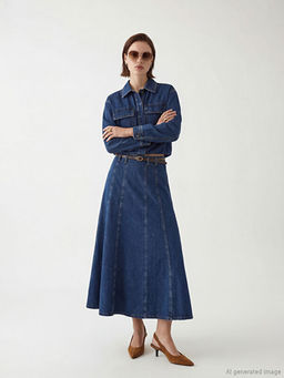 Y?ksek Bel Kemerli Klo? Jean Etek