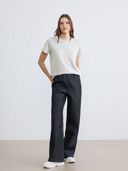 Beli Lastikli ?izgili Wideleg Kad?n Jean Pantolon