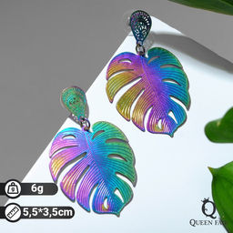 Серьги металл Монстера листья, цвет бензиновый