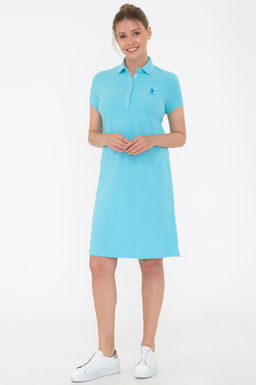 Kad_n Turkuaz Polo Yaka _rme Elbise