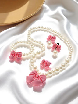 Набор детских украшений Выбражулька Бант, 4 предмета: кулон, браслет d=6 см кольцо, клипсы, бело-розовый  фото 10