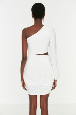 Bridal Ekru Vucuda Oturan Bel Dekolteli Tek Kol Orme K?sa Abiye Gece Mezuniyet Elbise TPRSS21EL0179