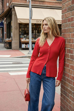 K?rm?z? V Yaka Merserize Gorunumlu Premium Iplik/Ozel Iplik Triko H?rka TWOAW26HI00079