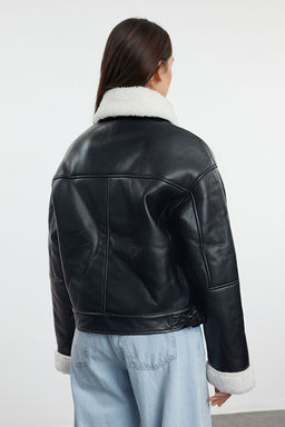 Siyah Oversize Kal?p Pelus Detayl? Suni Deri Biker Ceket Mont TWOAW25MO00001 - Trendyolmilla фото 5